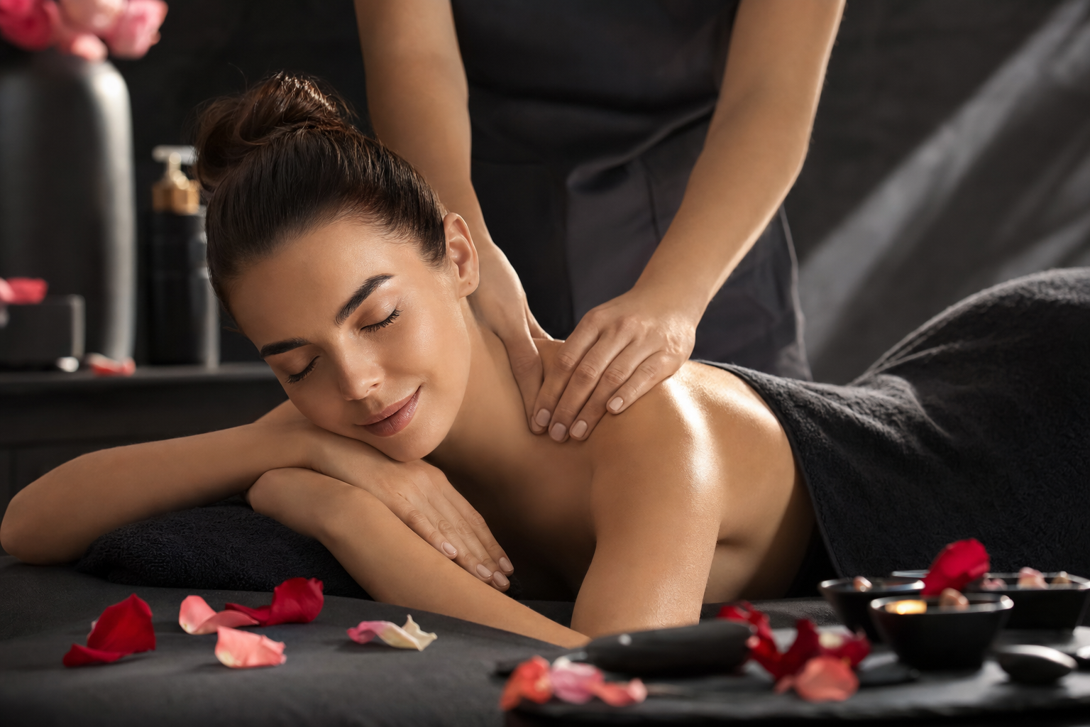A client relaxes during a clinical massage session at Body Retreat, with rose petals and warm light.