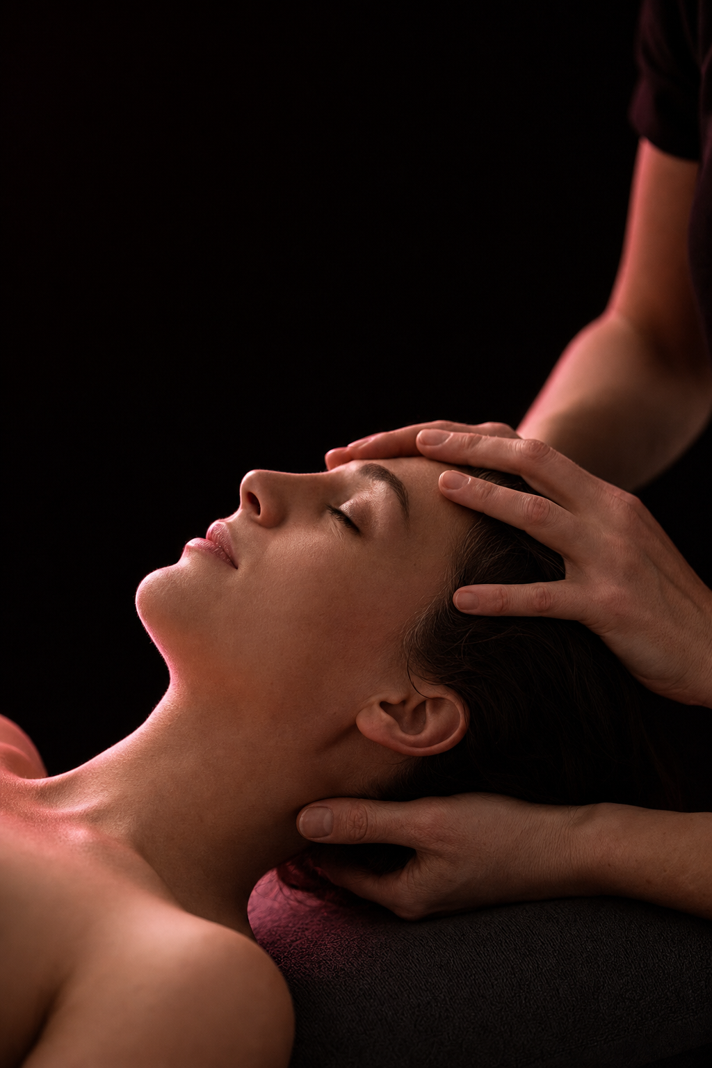 Therapist performing craniosacral therapy on a client in a calm, dimly lit setting.